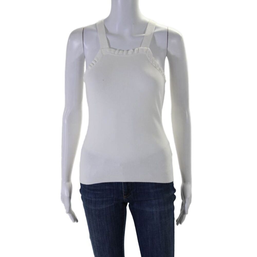 Milly Womens Sleeveless Ruffled Square Neck Knit Top White Size Petite